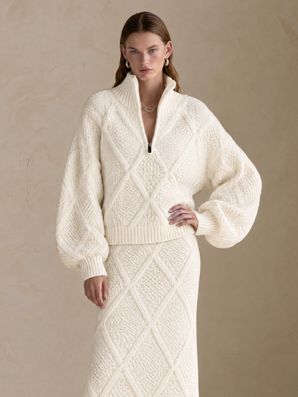 Ivory Diamond Cable-Knit Wool Sweater