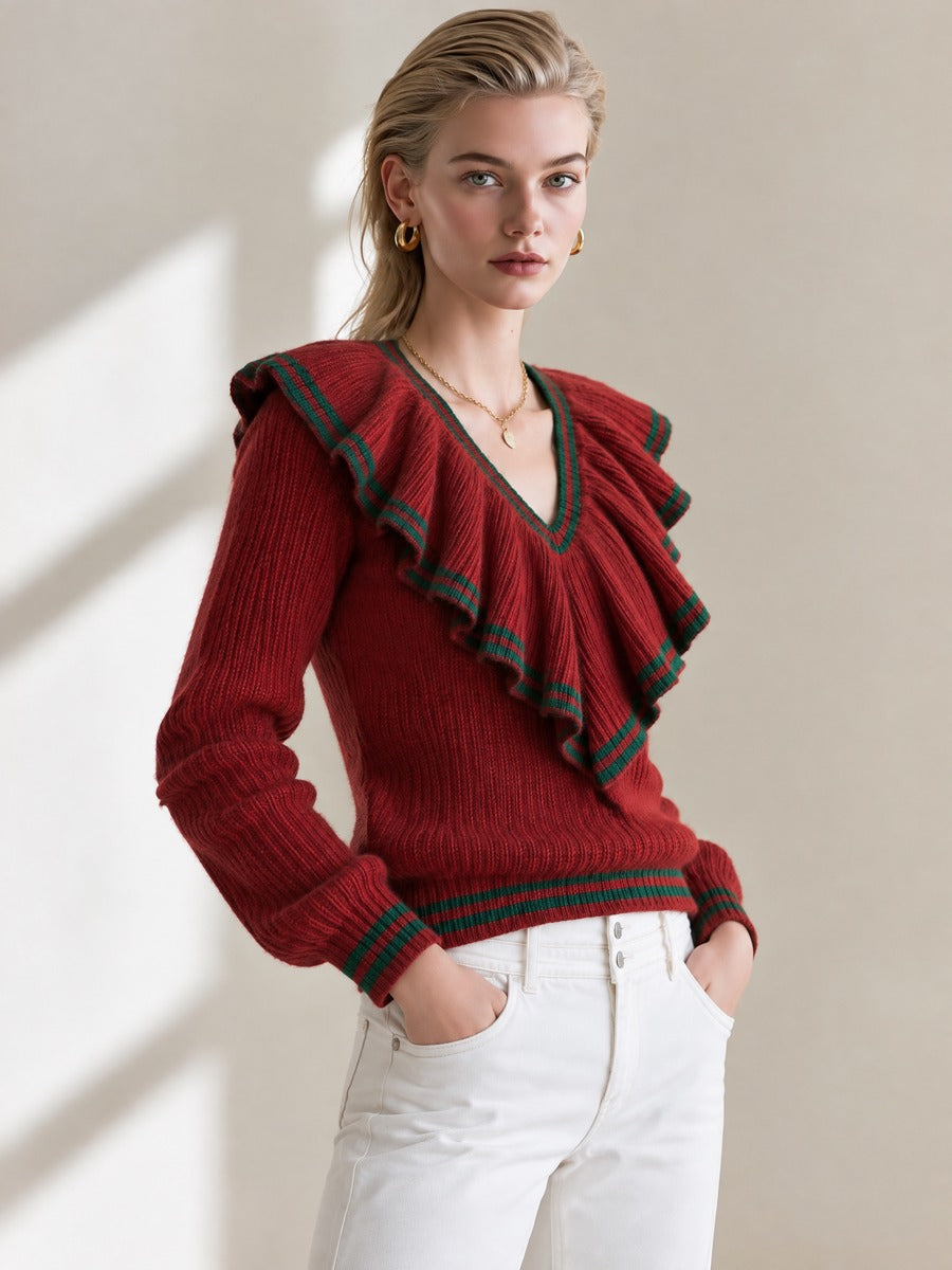 Contrast Trim Big Ruffle V Neck Loose Knit Sweater