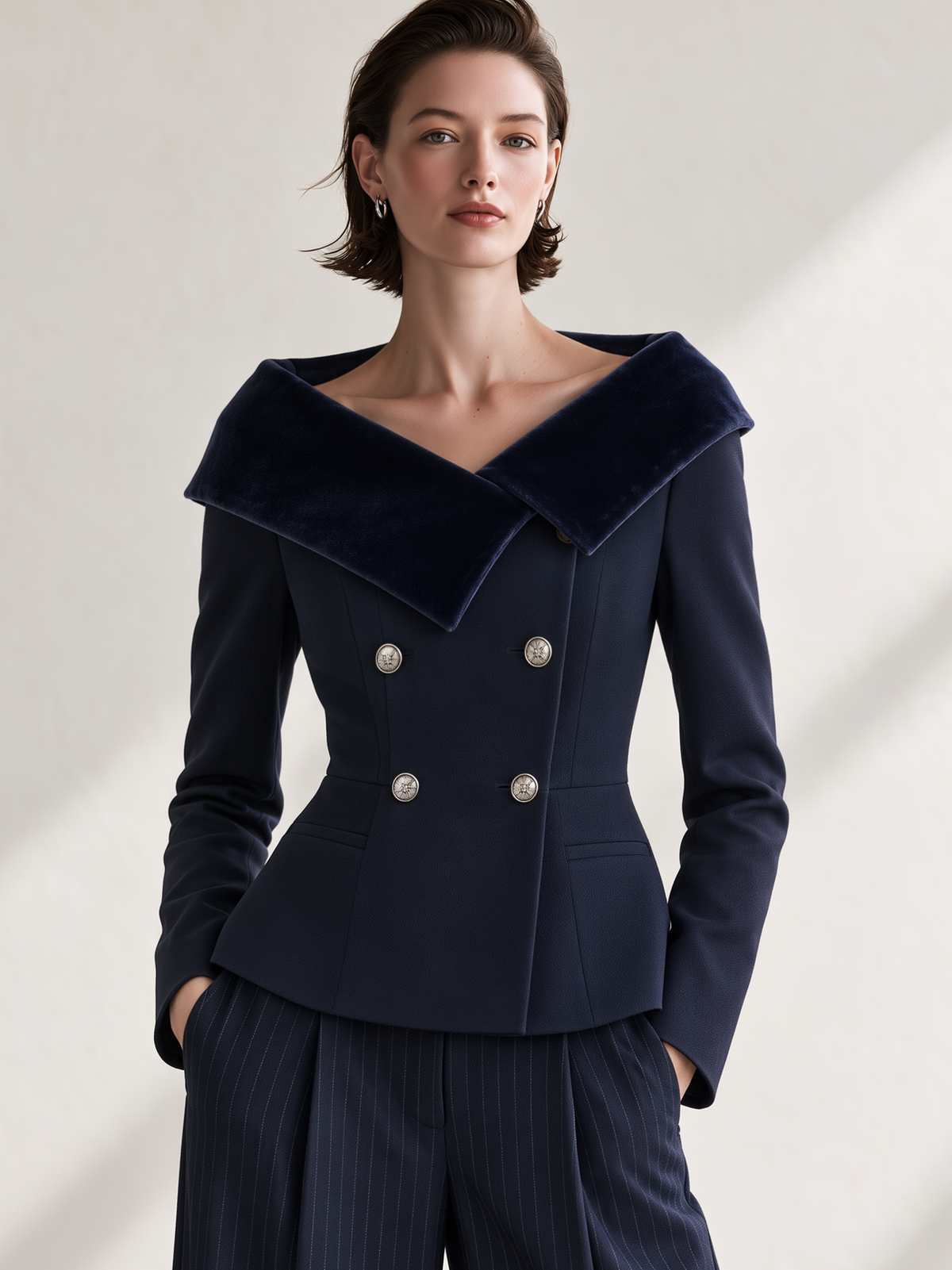 Velvet Collar Navy Tailored Long Sleeve Jacket