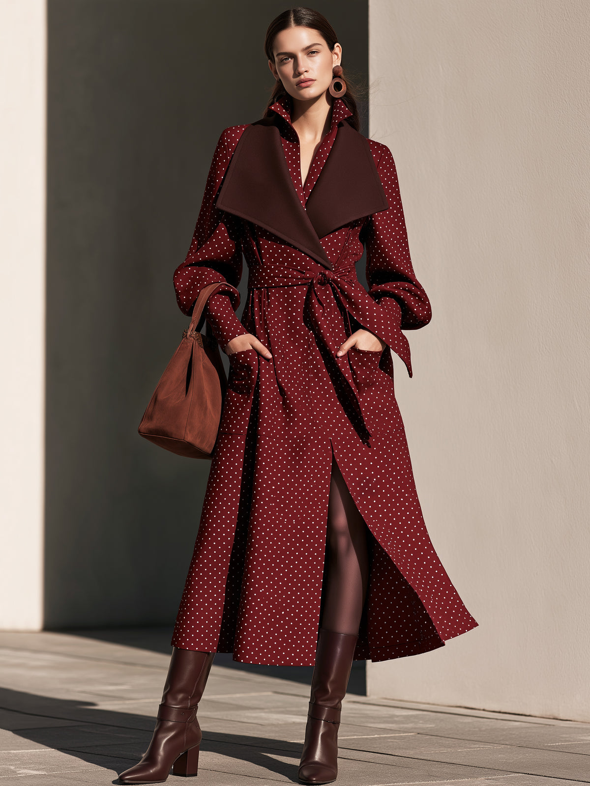 Polka Dot Wrap Belted Midi Coat Dress