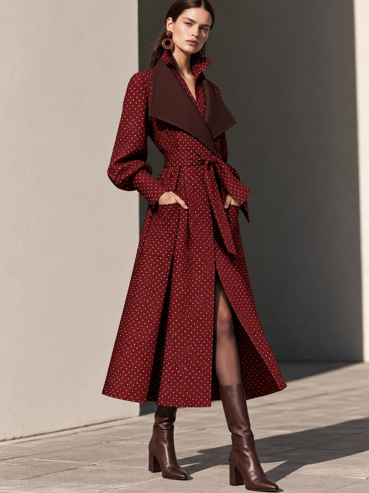 Polka Dot Wrap Belted Midi Coat Dress
