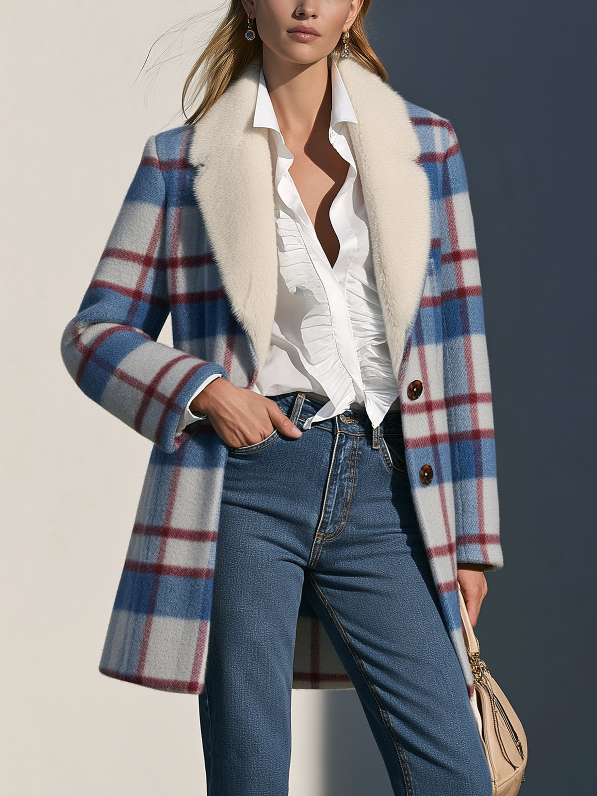 Faux Fur Collar Wool Blend Plaid Coat Outerwear