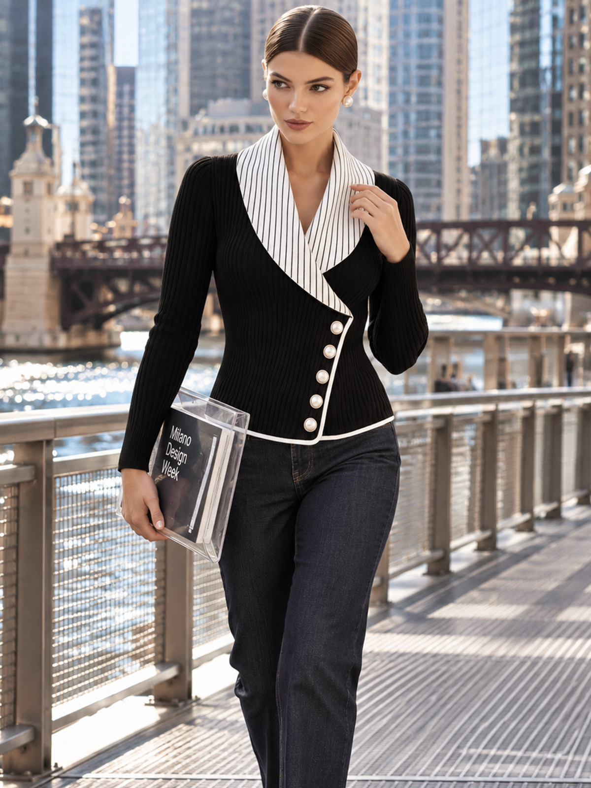 Striped Wide Lapel Diagonal Pearl Buttons Waist Knit Cardigan
