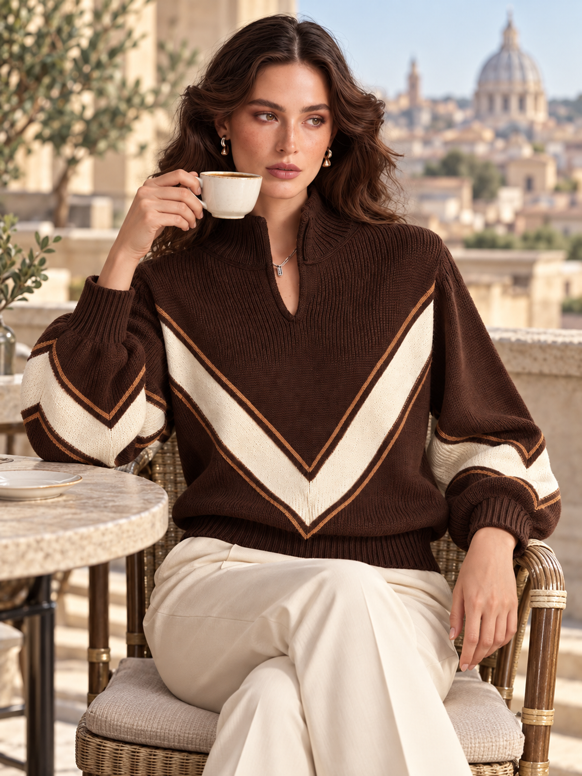 Brown Ivory Geometric High-Neck Knit Sweater