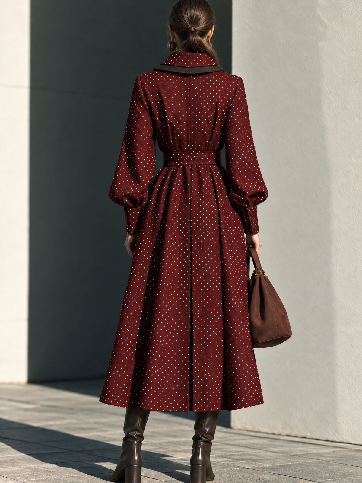 Polka Dot Wrap Belted Midi Coat Dress
