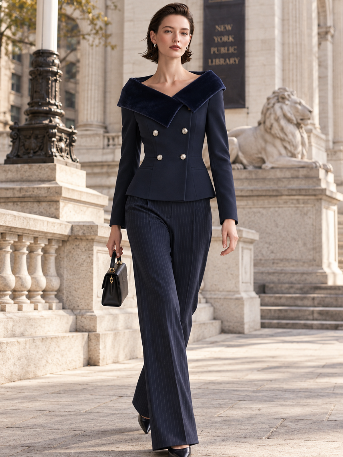 Velvet Collar Navy Tailored Long Sleeve Jacket
