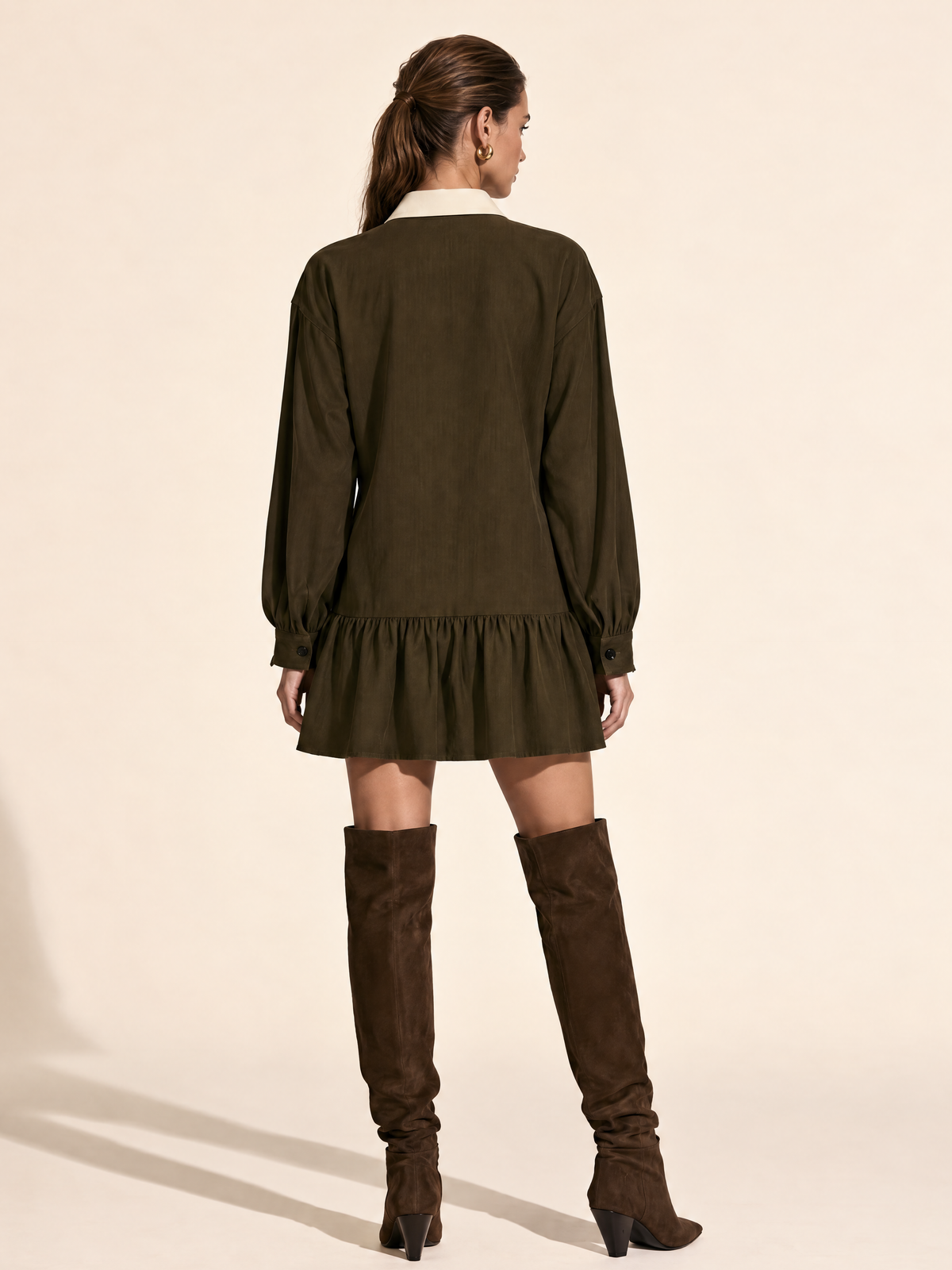 Brown White Contrast-Trim Cotton Mini Dress