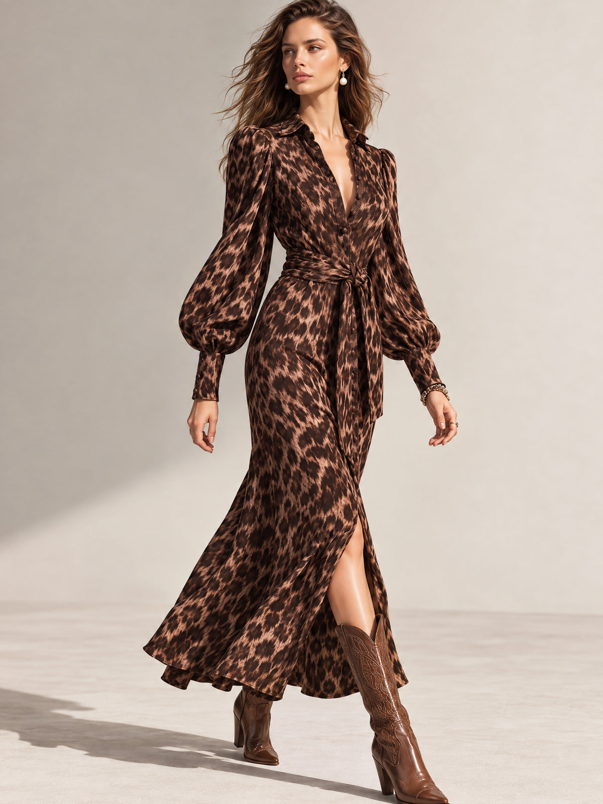 Elegant Leopard Print Self-Tie Shirt Midi Dress