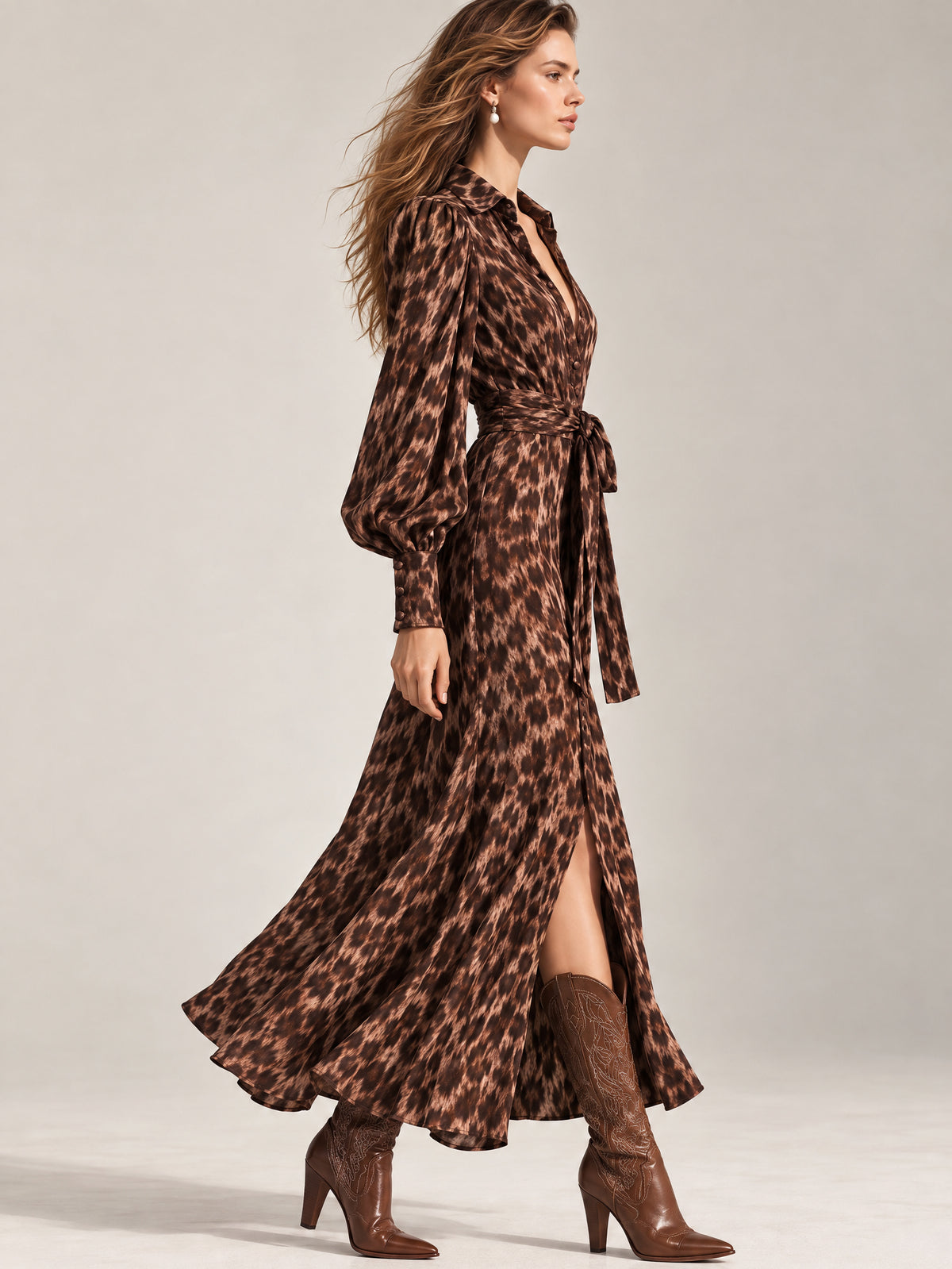 Elegant Leopard Print Self-Tie Shirt Midi Dress