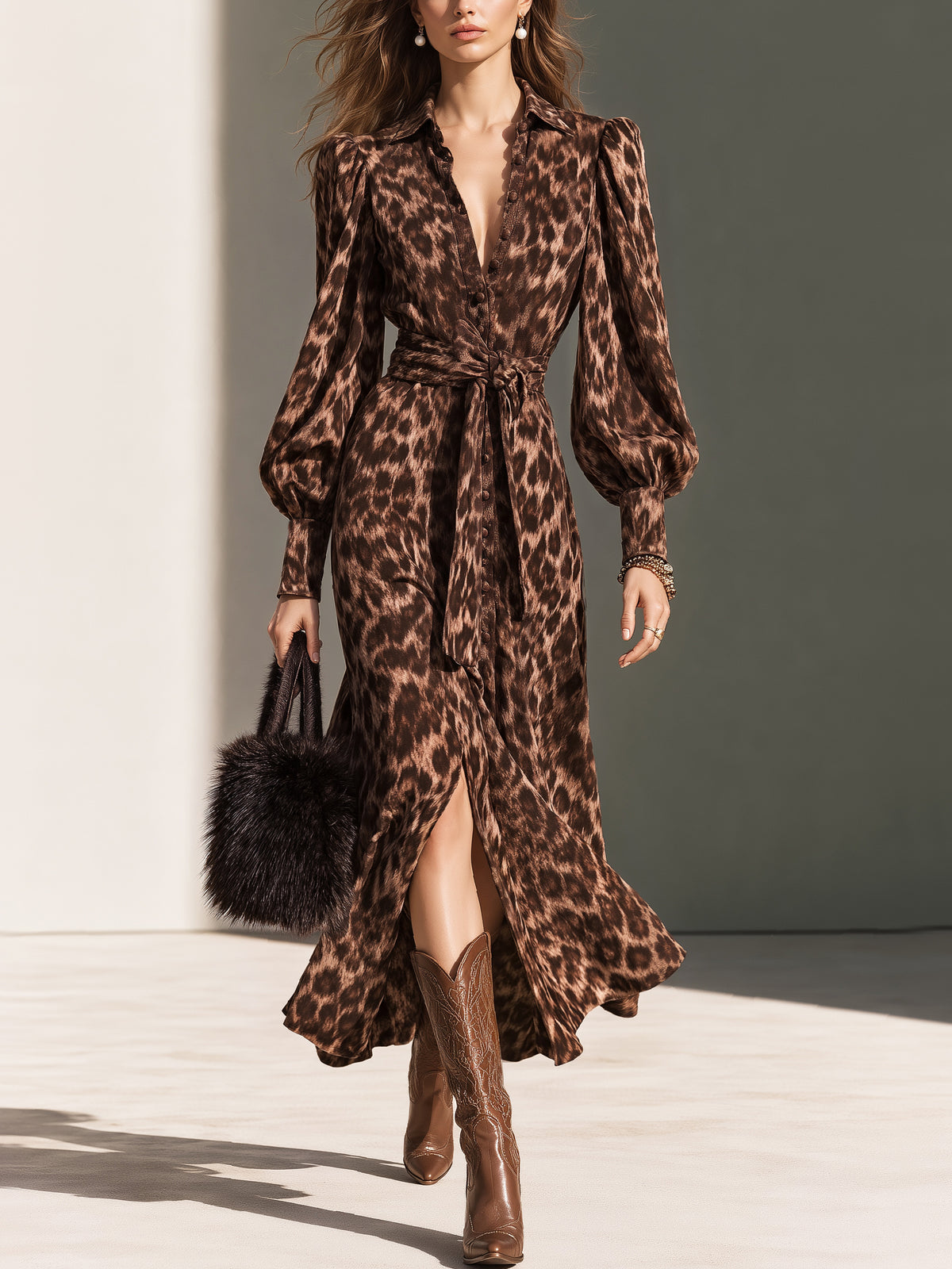 Elegant Leopard Print Self-Tie Shirt Midi Dress