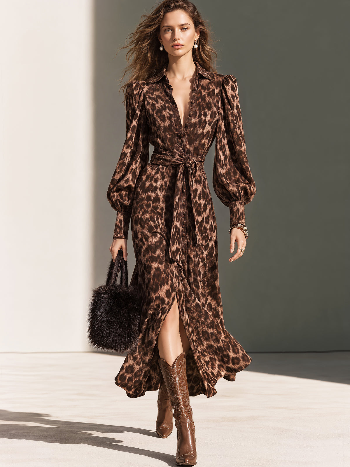 Elegant Leopard Print Self-Tie Shirt Midi Dress