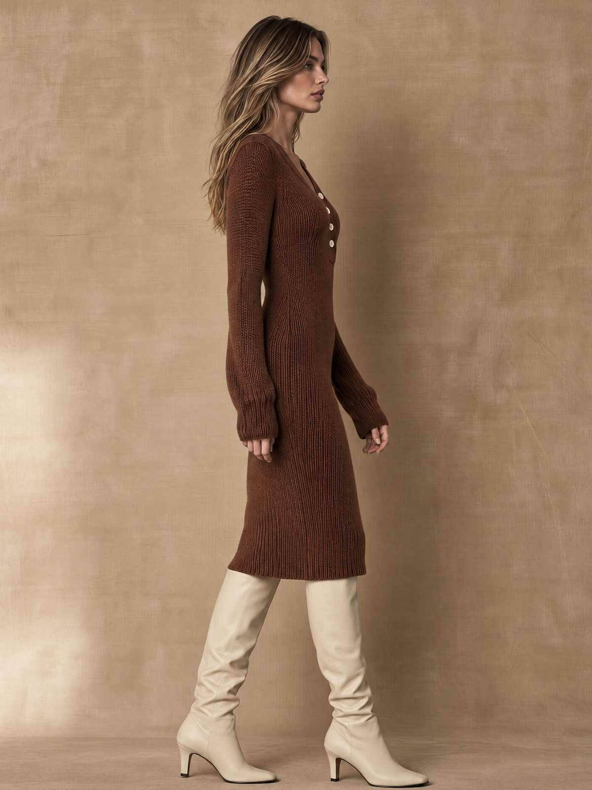 Chocolate Brown V-Neck Wool Knit Midi Dress