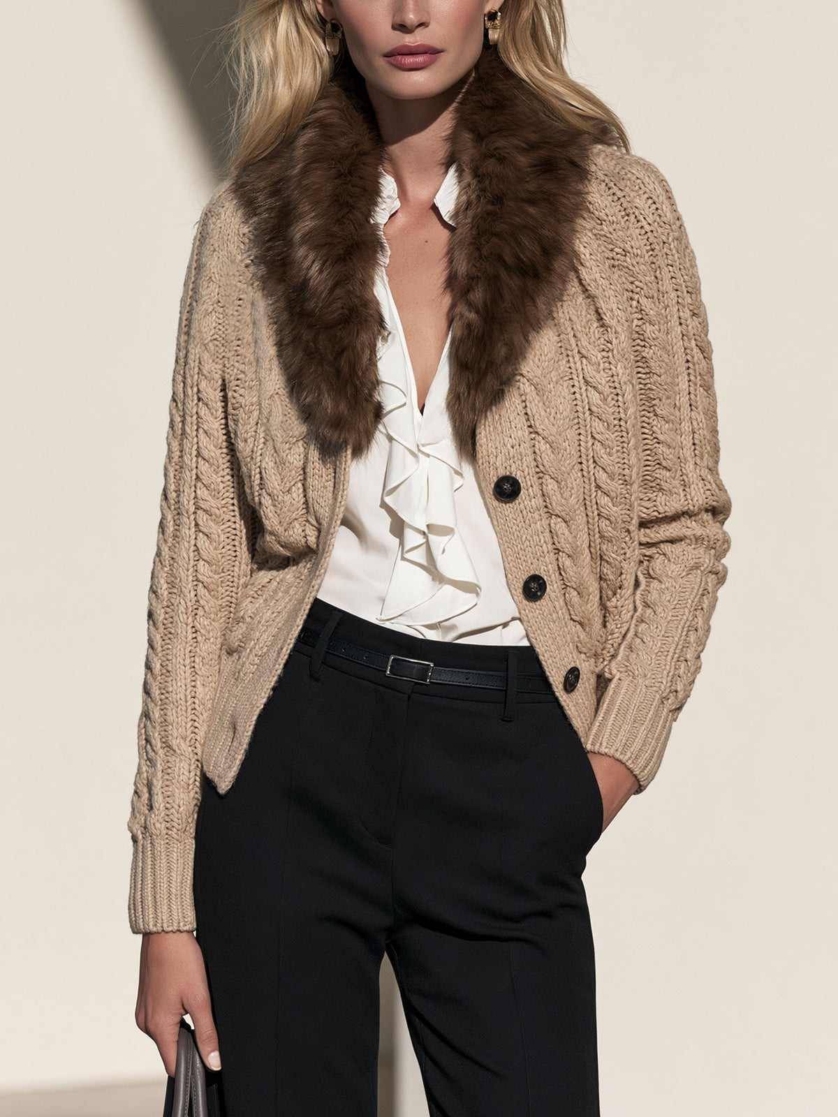 Detachable Faux Fur Collar Cable Knit Cardigan