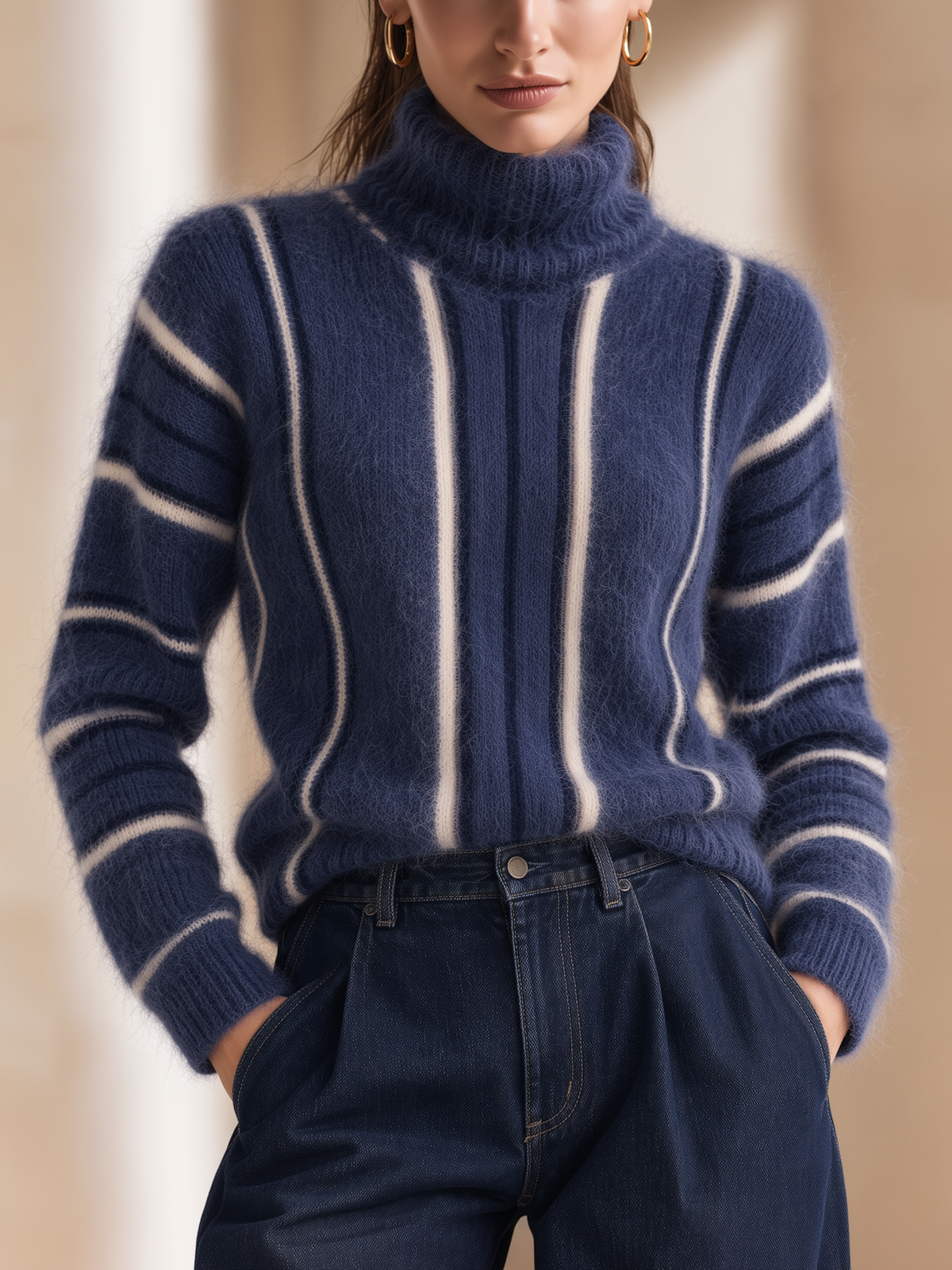 Navy White Striped Mohair Turtleneck Sweater