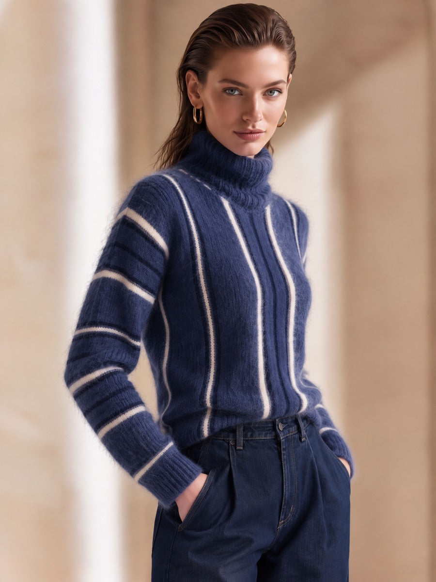 Navy White Striped Mohair Turtleneck Sweater