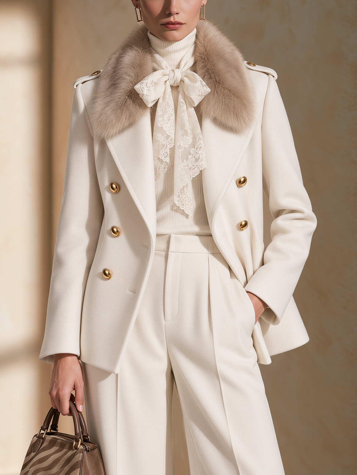 Cream Short Wool Coat With Detachable Fur Collar