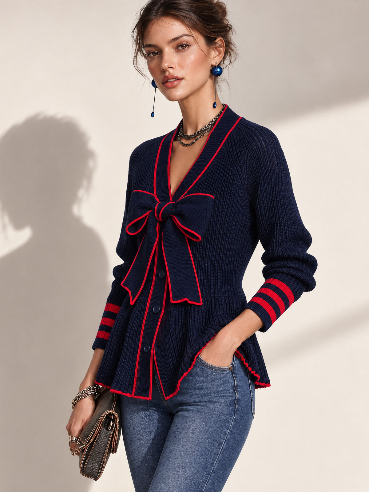 Contrast Trim Bow Front Knit Cardigan Knitwear