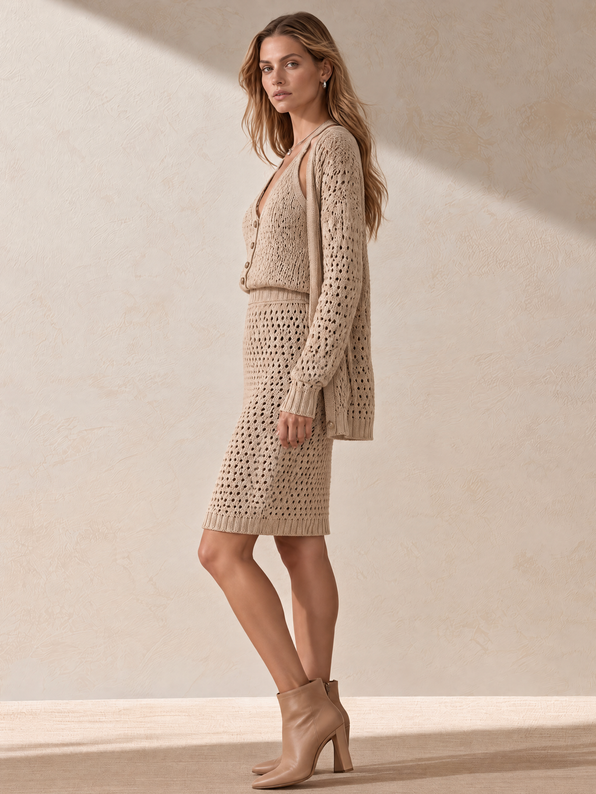 Beige Halter Openwork Wool Knit Mini Skirt Set