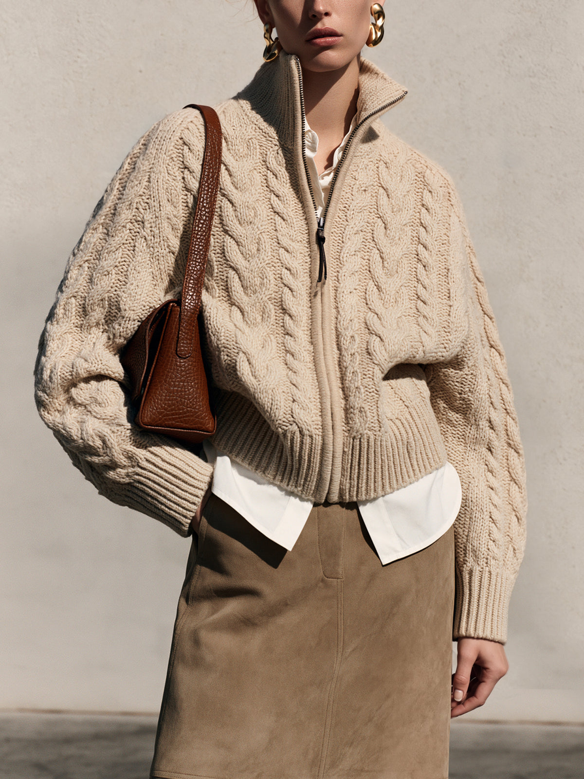 Cable Knit Zip-Up Sweater Jacket Cardigan