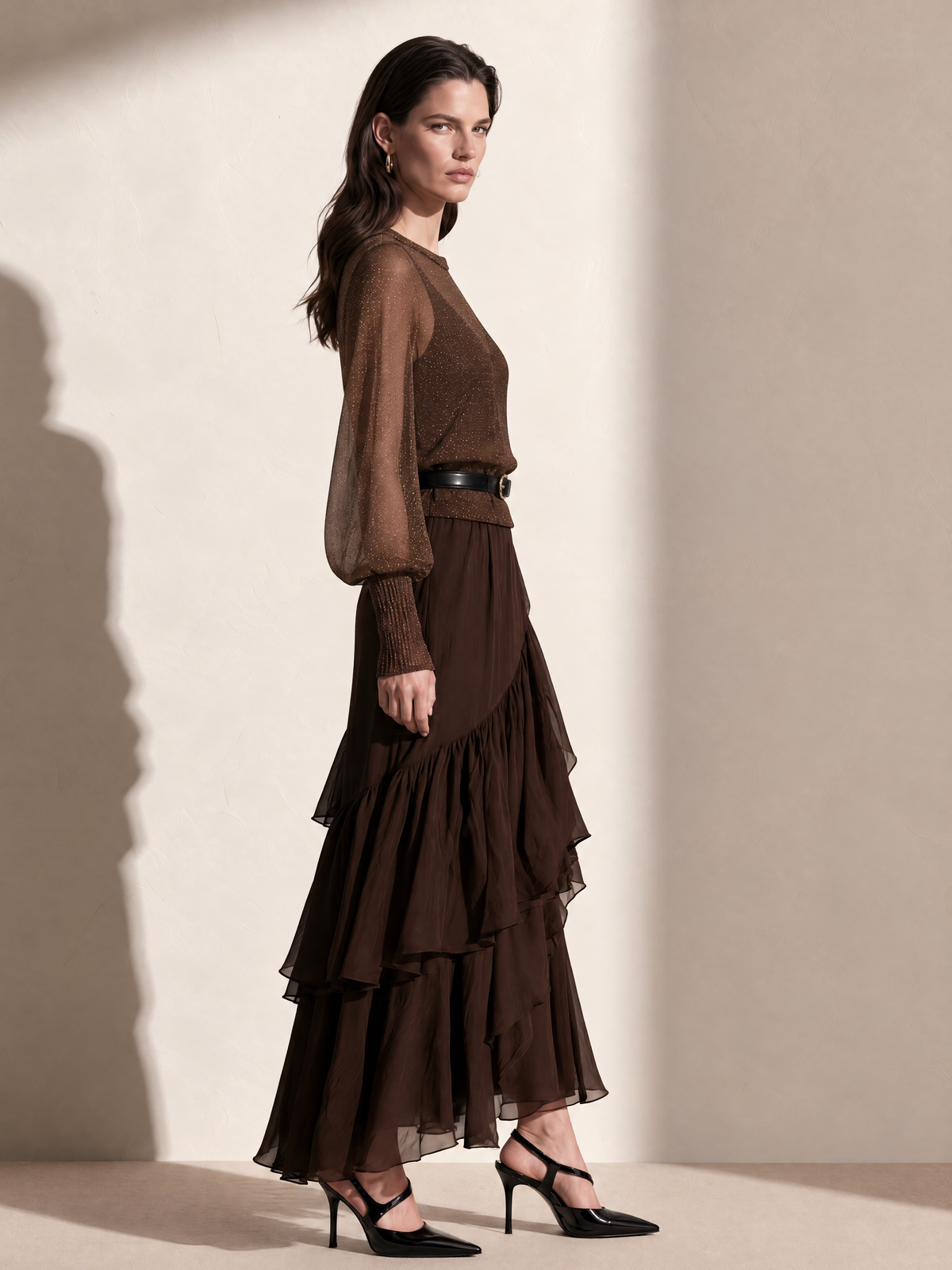Brown Sheer Wool Knit Top Chiffon Dress Set