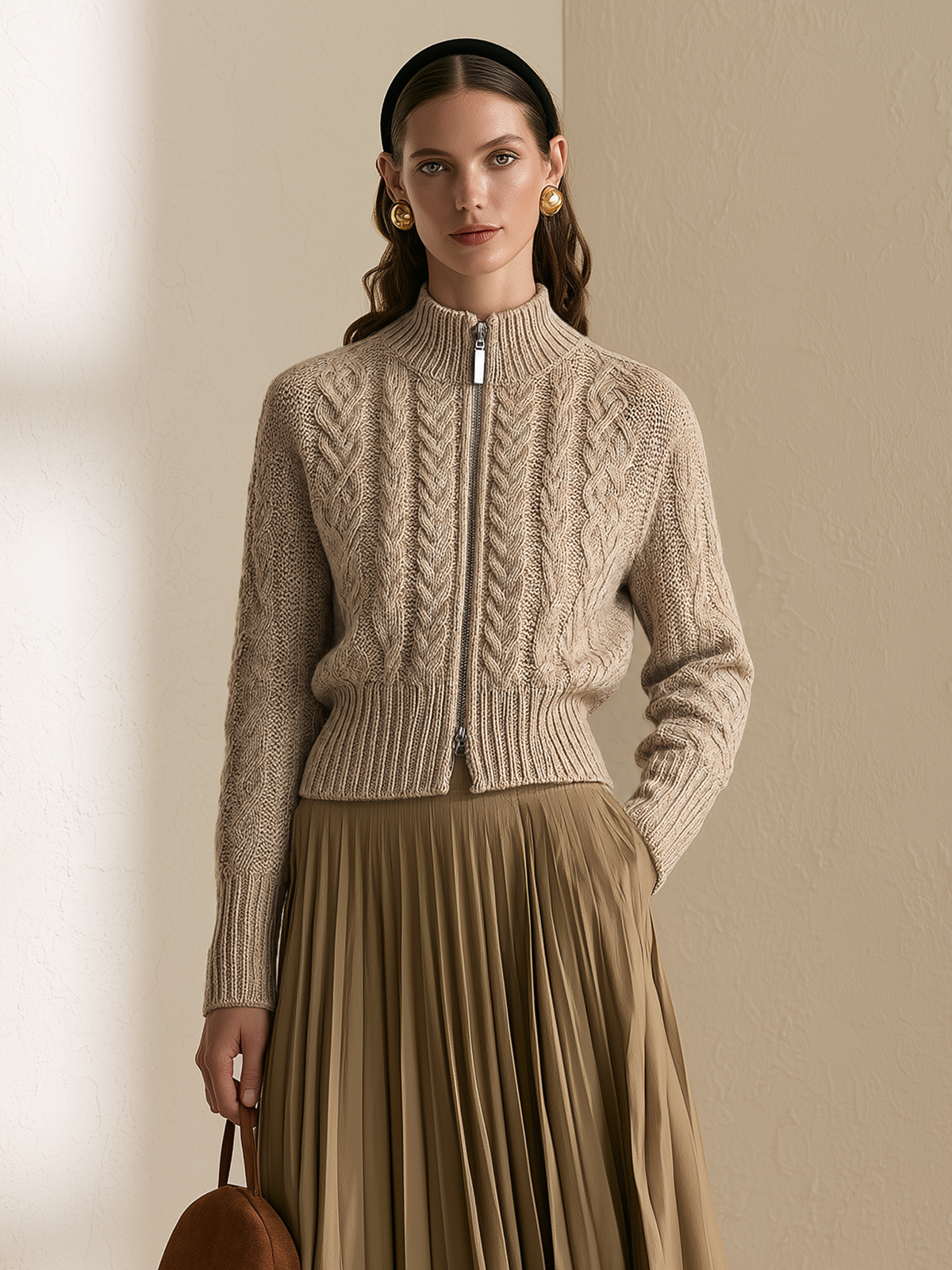 Beige Double-Zip Cable-Knit Wool Cardigan