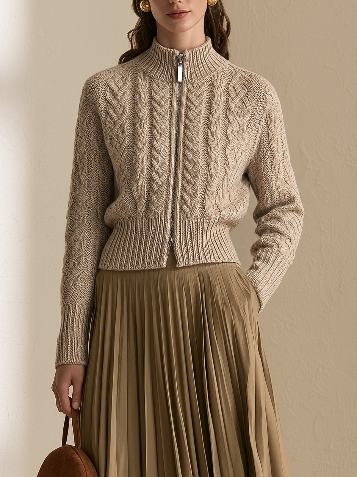 Beige Double-Zip Cable-Knit Wool Cardigan