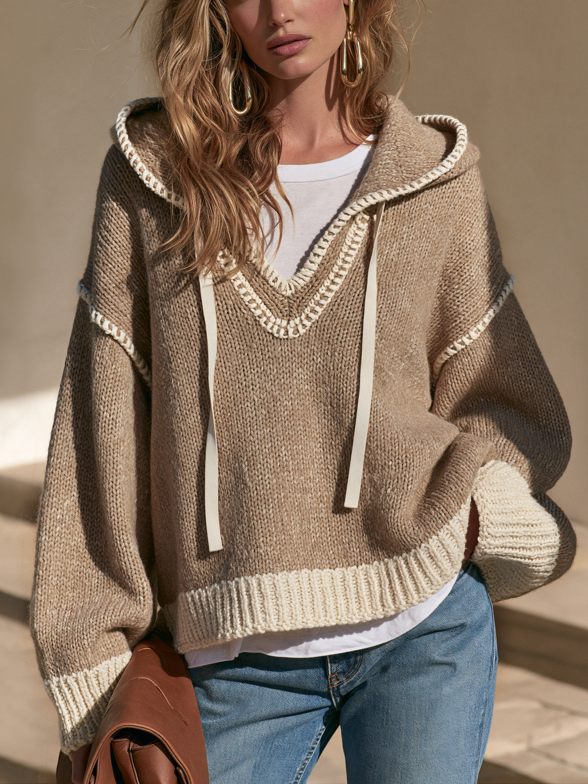 Contrast Stitch V-Neck Knit Hooded Sweater Pullover