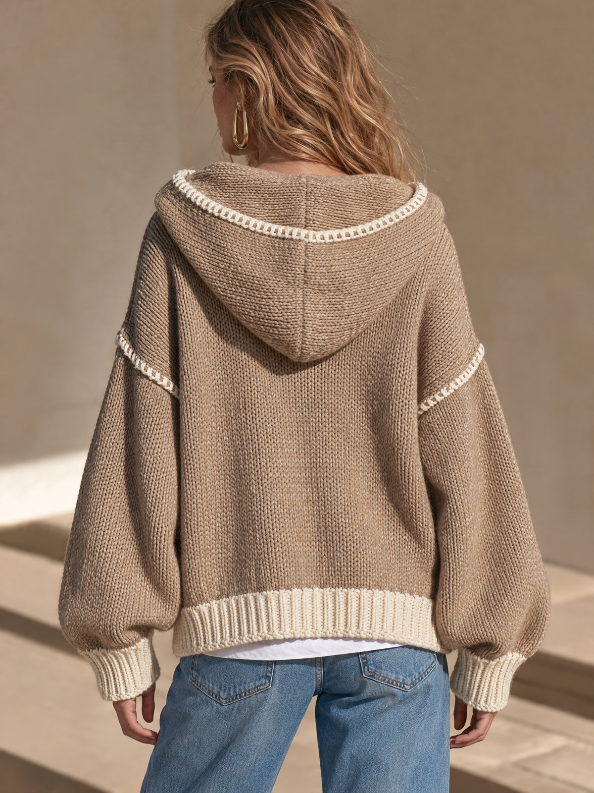 Contrast Stitch V-Neck Knit Hooded Sweater Pullover