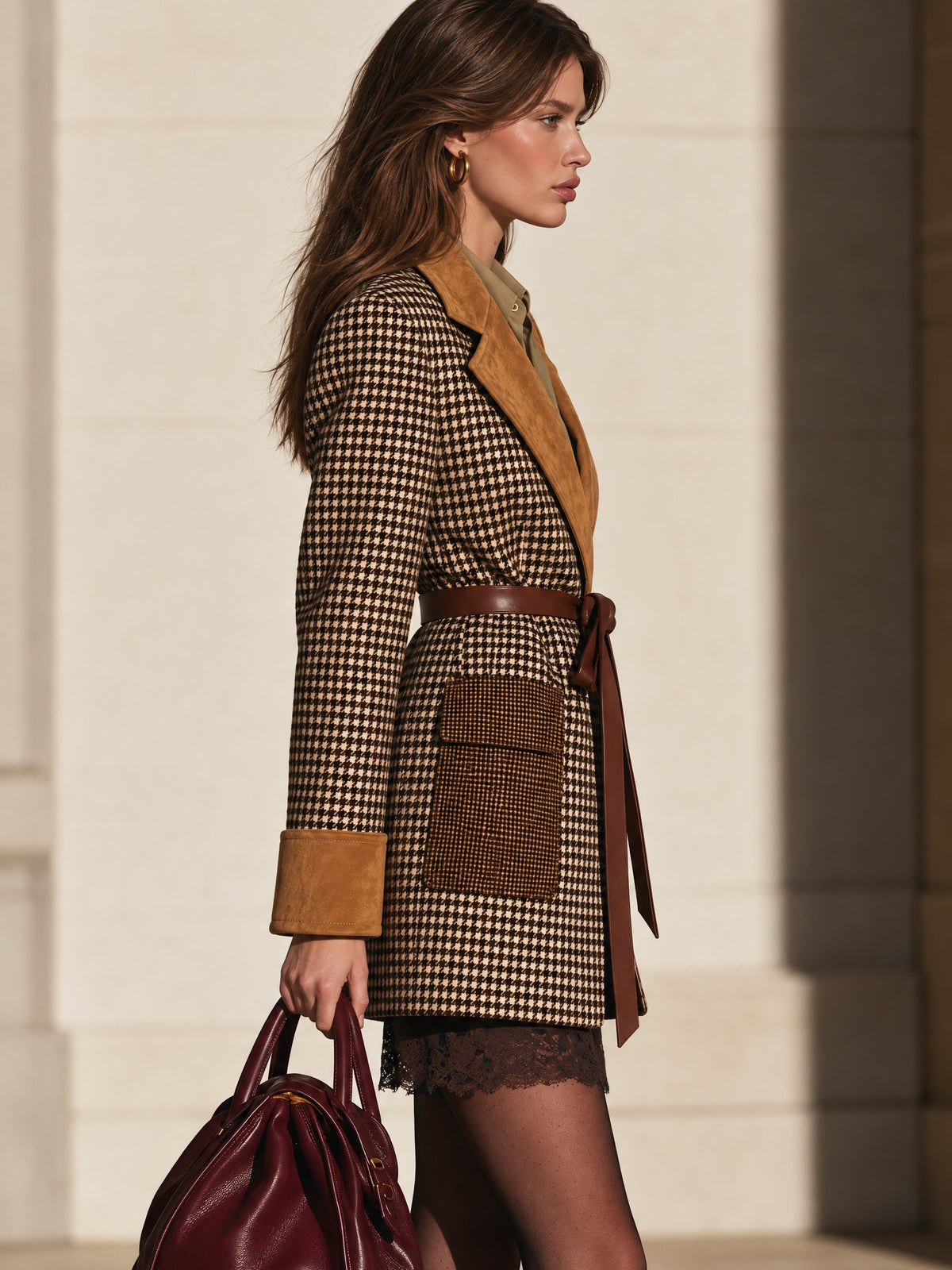Houndstooth Suede Contrast Lapel Belted Blazer Jacket