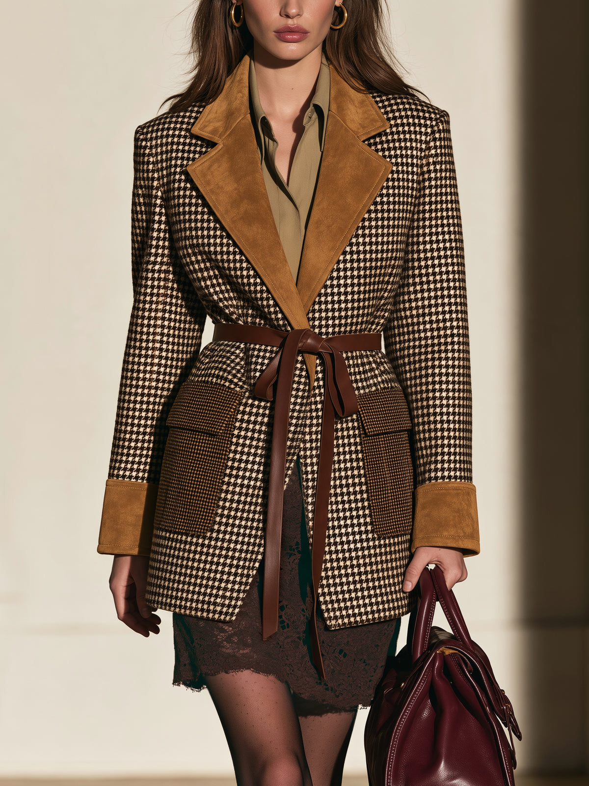 Houndstooth Suede Contrast Lapel Belted Blazer Jacket