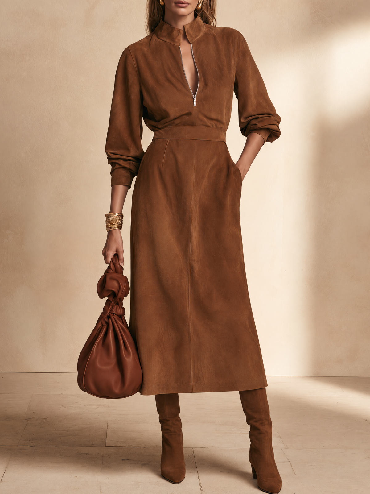 Brown Stand Collar Suede Midi Dress
