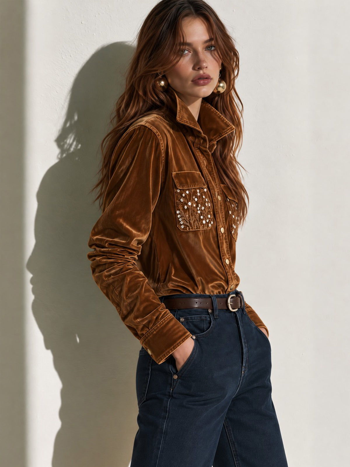 Velvet Embroidered Pocket Button Down Blouse
