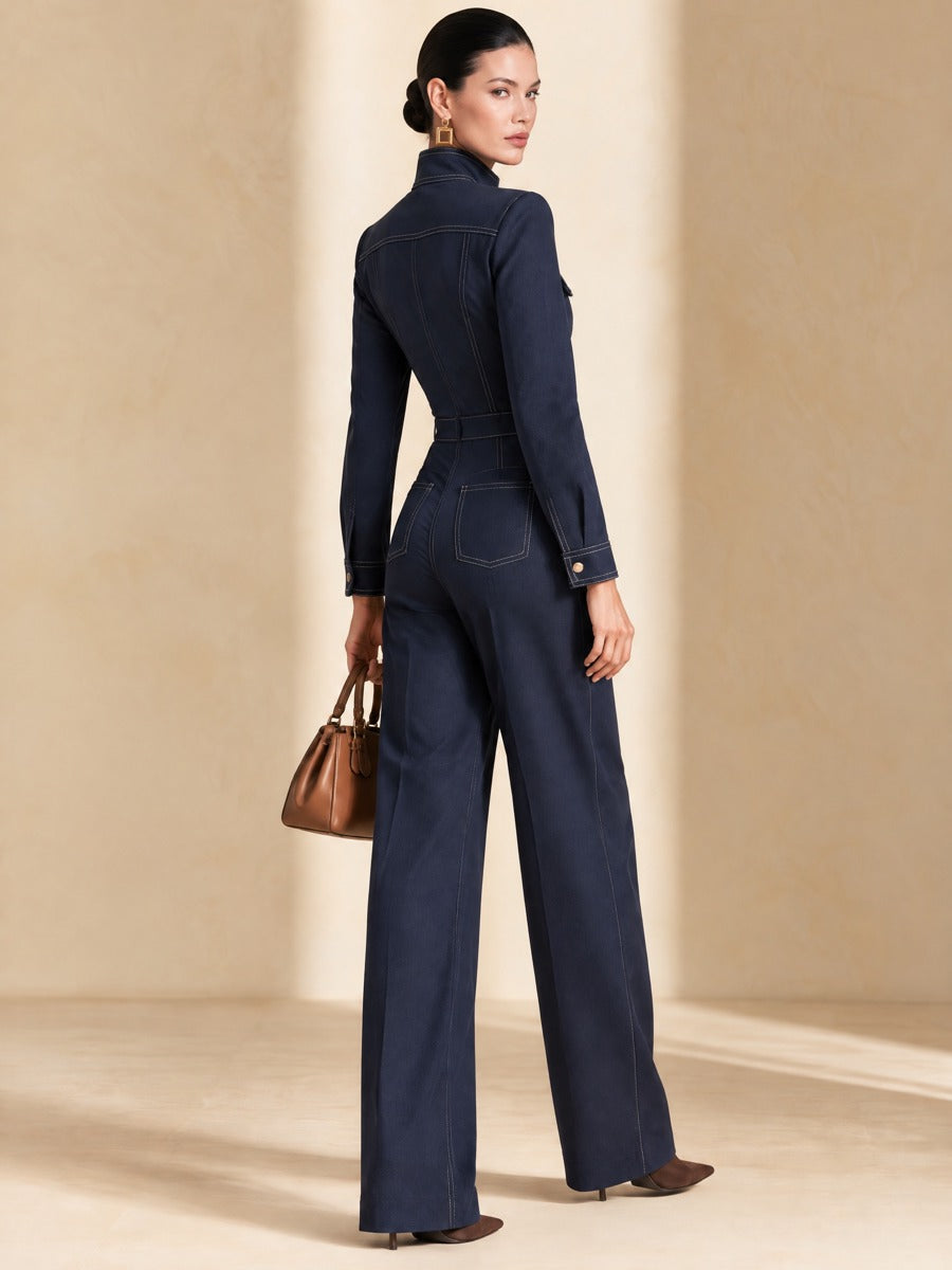Navy Stitched Stand Collar Wide Leg Jumpsuit
