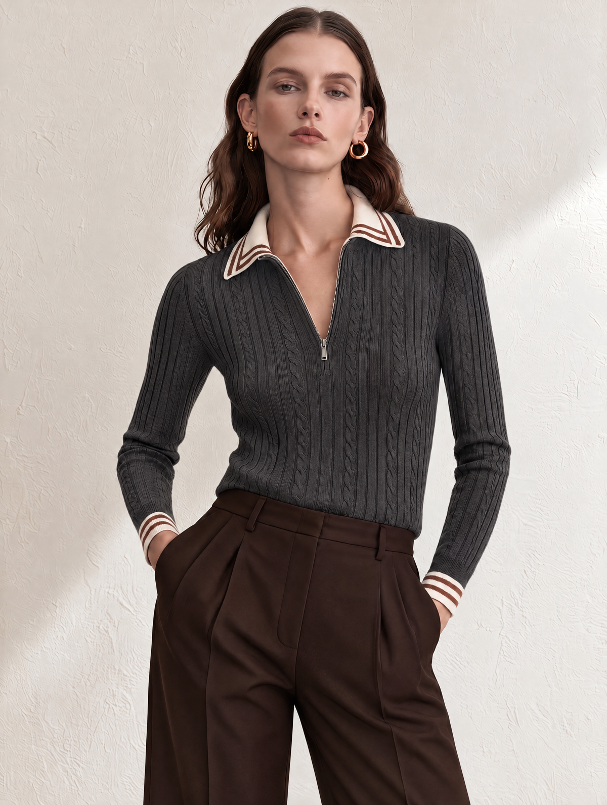 Charcoal Gray Contrast Collar Zip-Up Wool Knit Sweater