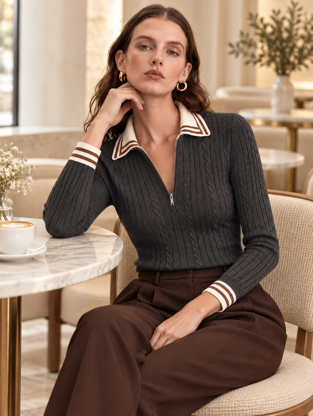 Charcoal Gray Contrast Collar Zip-Up Wool Knit Sweater