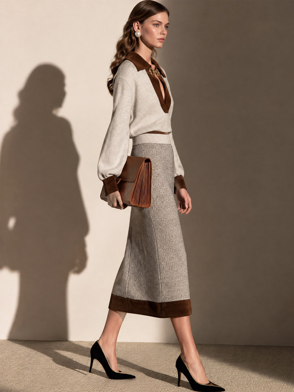 Contrast Suede Collar Knit Sweater & Midi Skirt Set