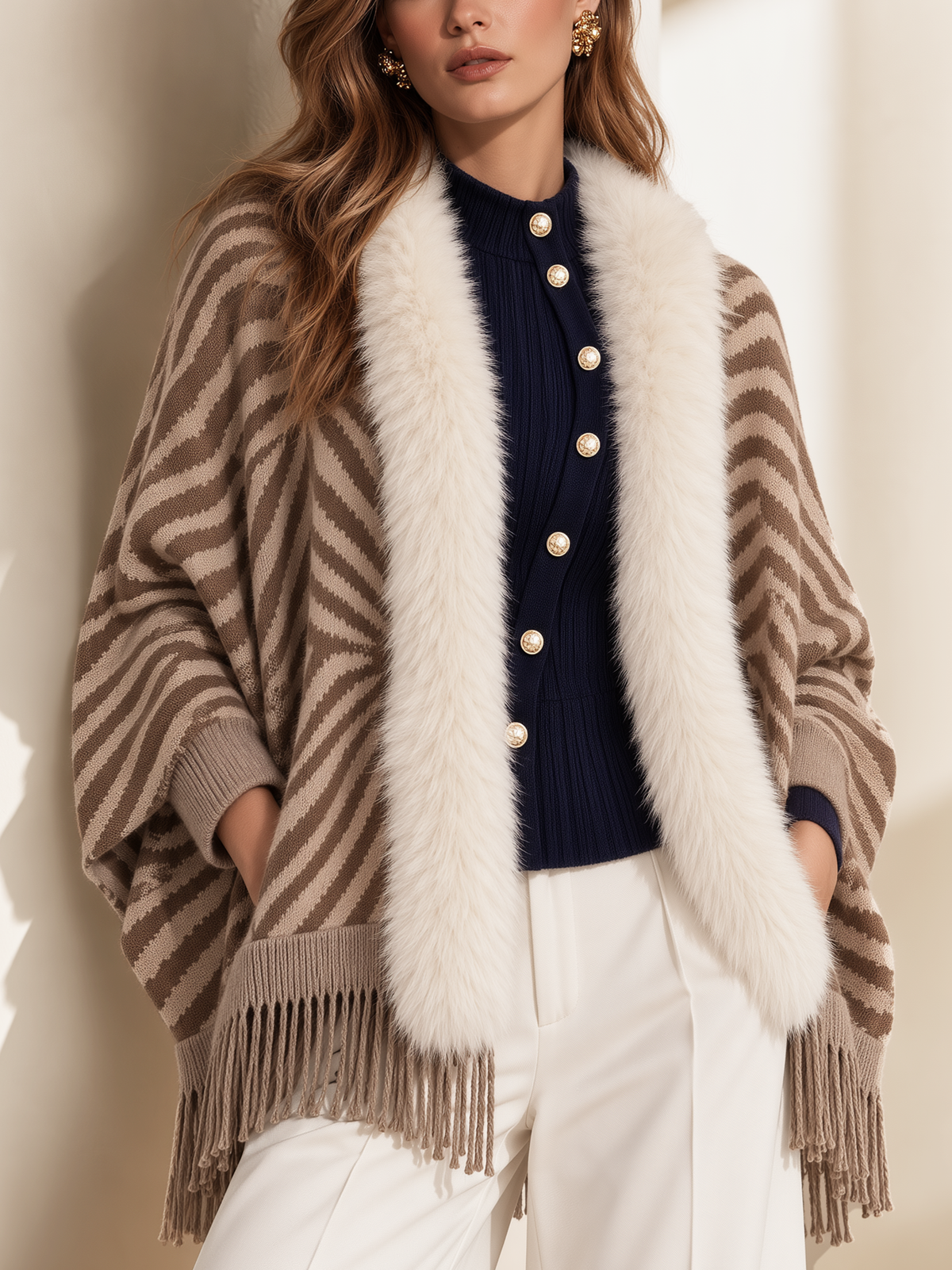 Brown Zebra Jacquard Detachable Fur Fringe Cardigan
