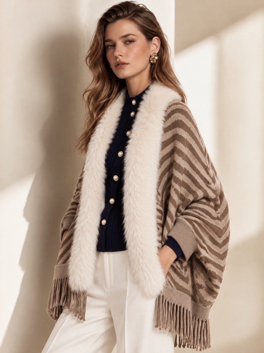 Brown Zebra Jacquard Detachable Fur Fringe Cardigan