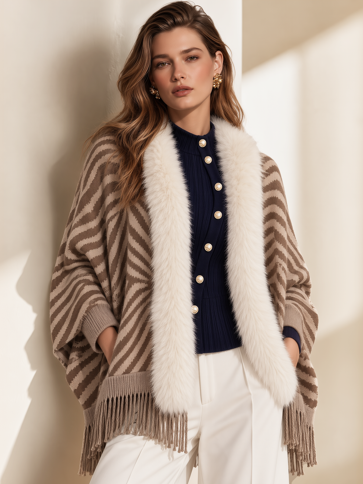 Brown Zebra Jacquard Detachable Fur Fringe Cardigan
