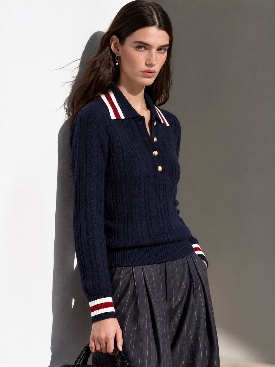 Navy Cable Knit Striped Collar Polo Sweater
