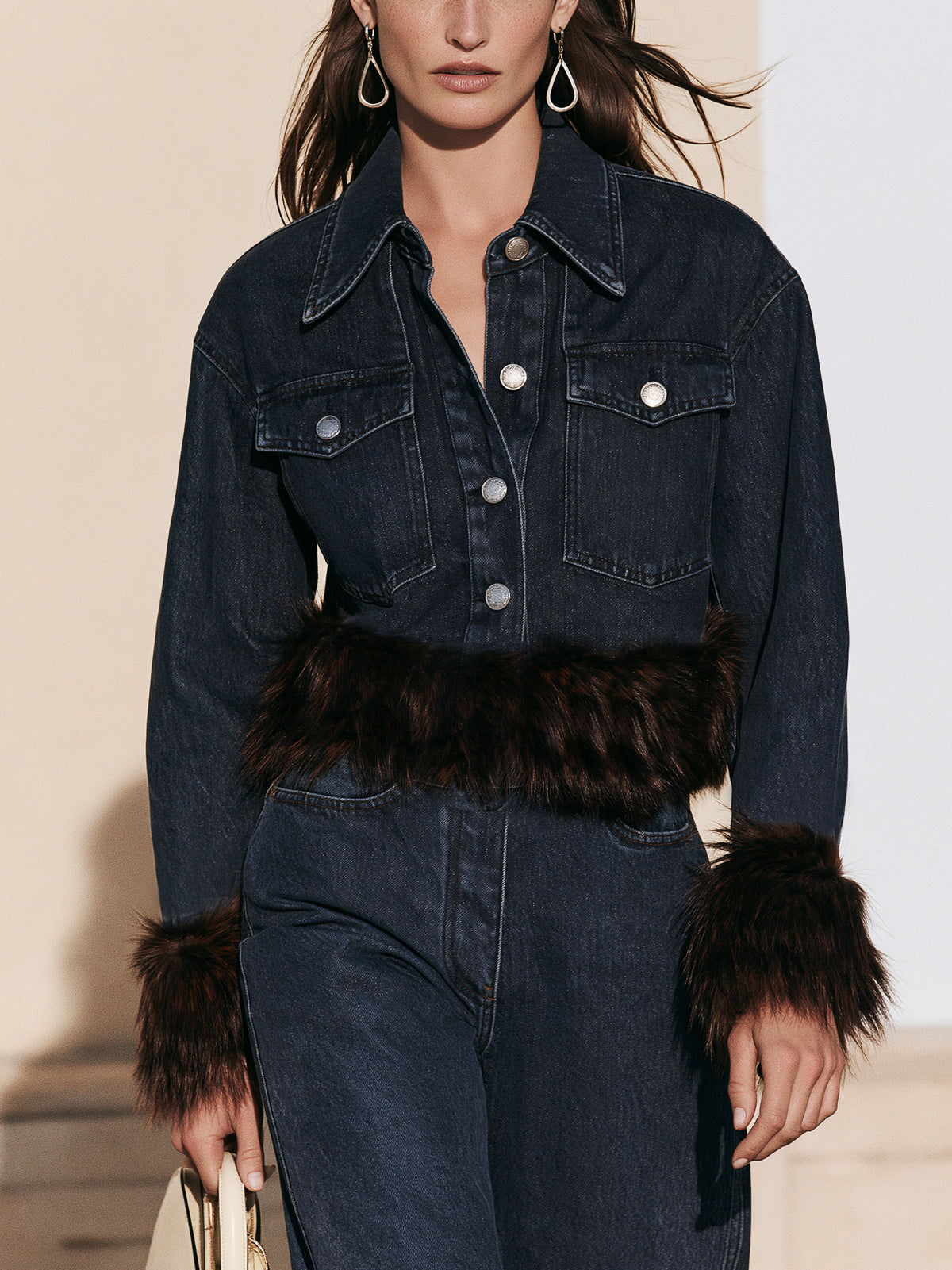 Dark Denim Contrast Fur Trim Jacket