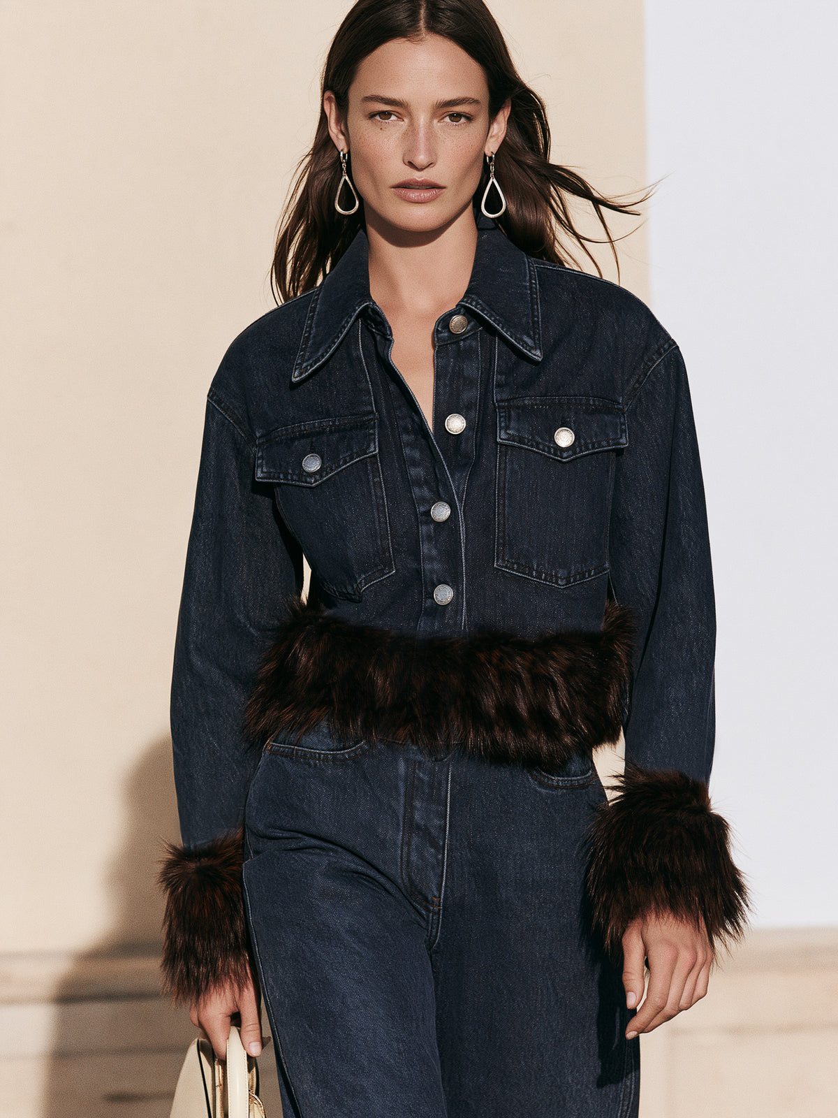 Dark Denim Contrast Fur Trim Jacket