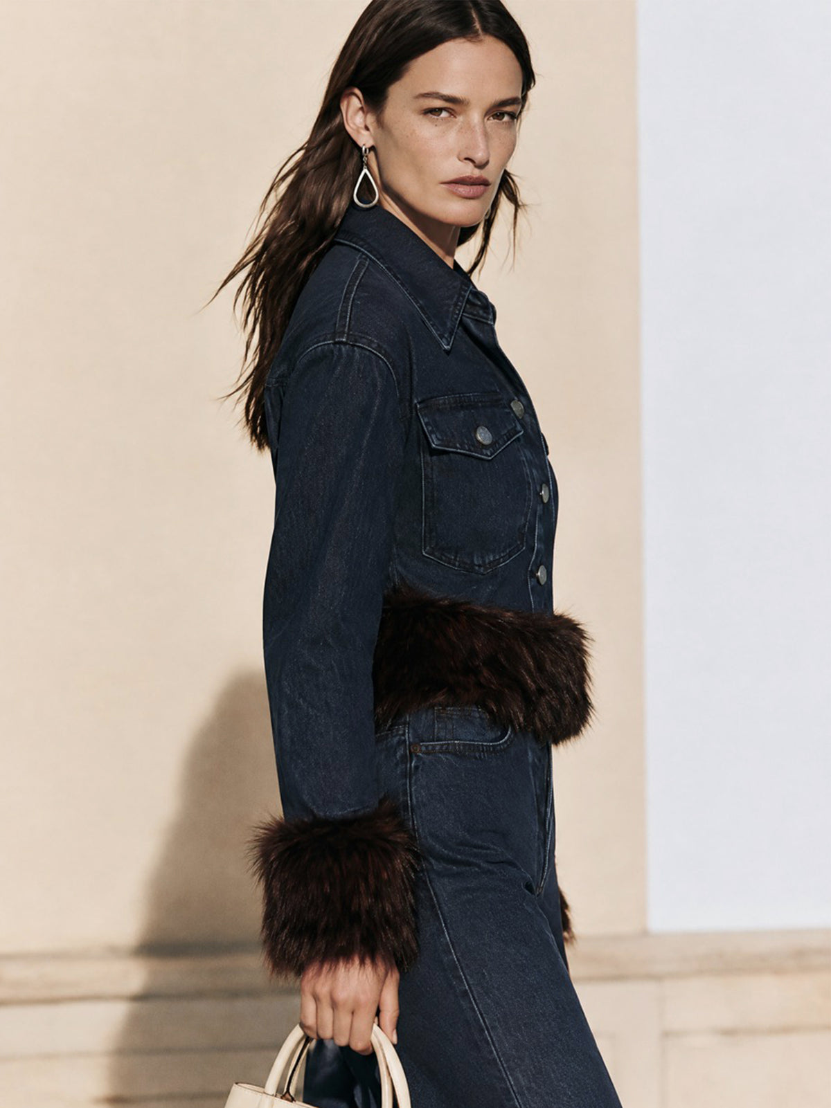 Dark Denim Contrast Fur Trim Jacket