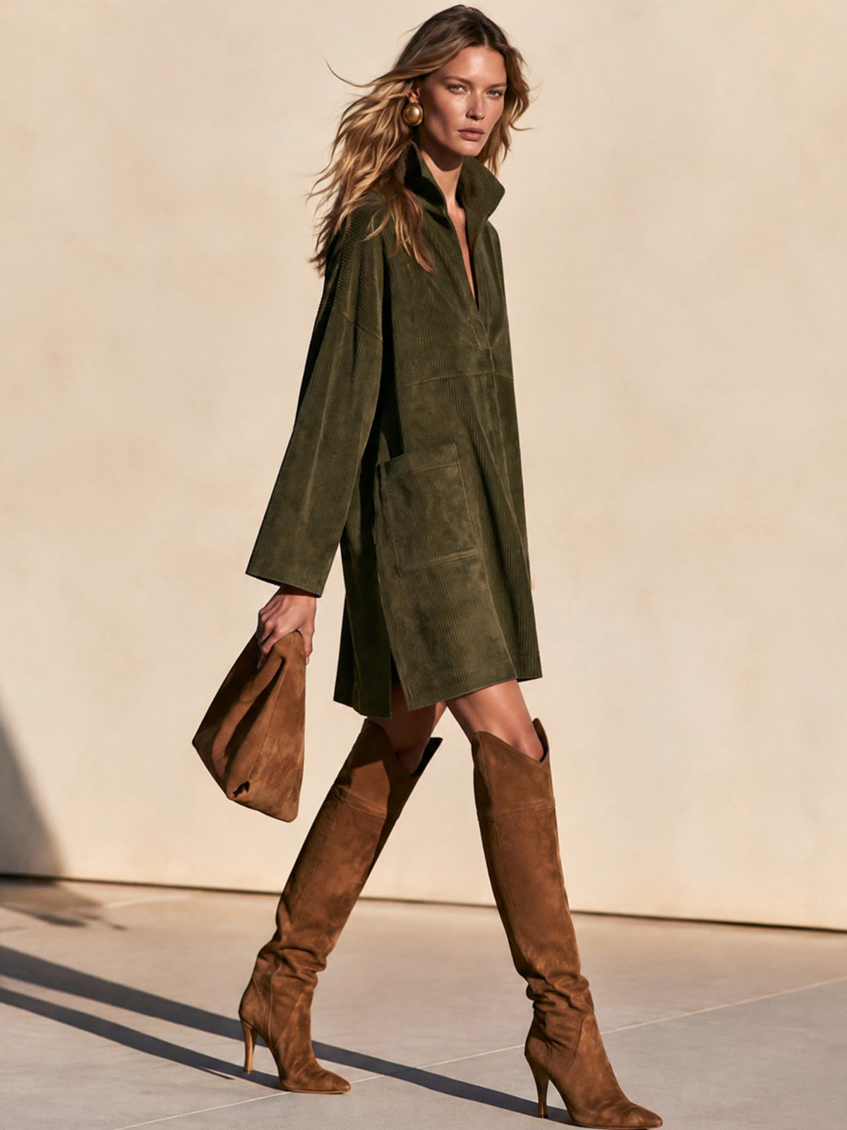 Army Green Corduroy Stand Collar Tunic Midi Dress