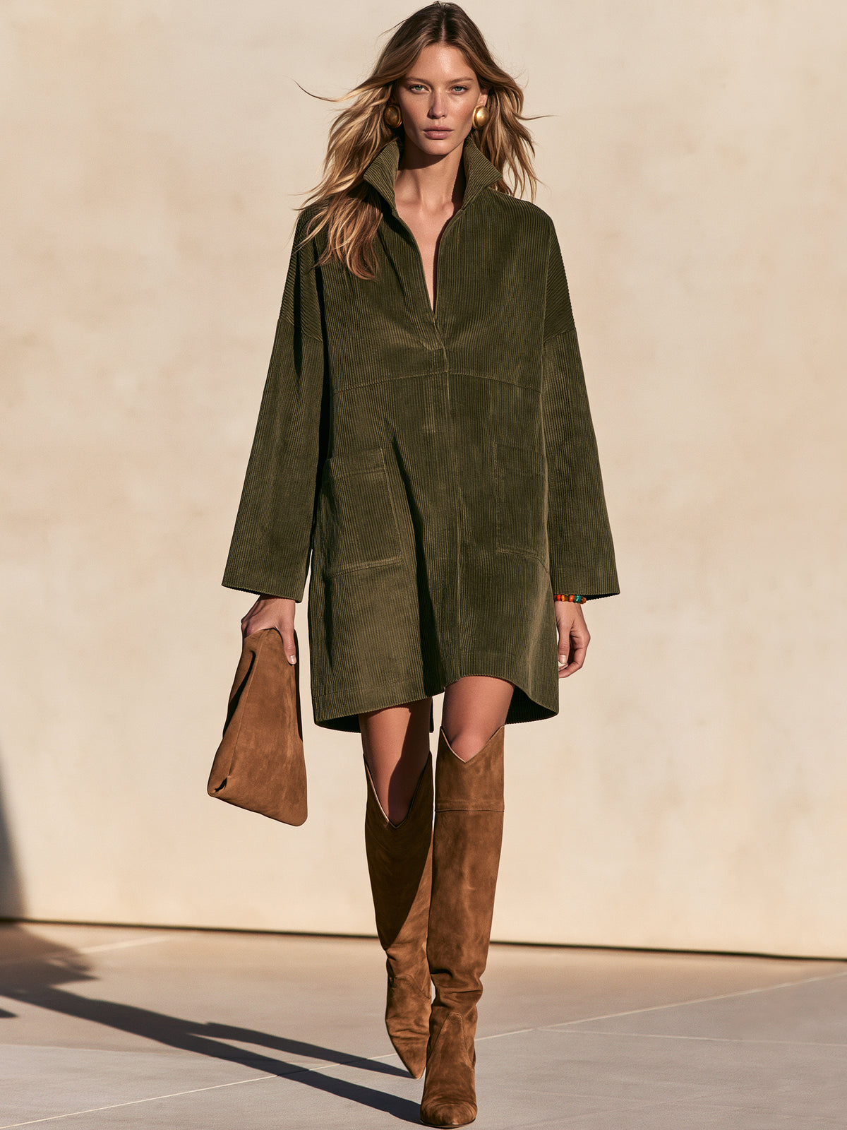 Army Green Corduroy Stand Collar Tunic Midi Dress