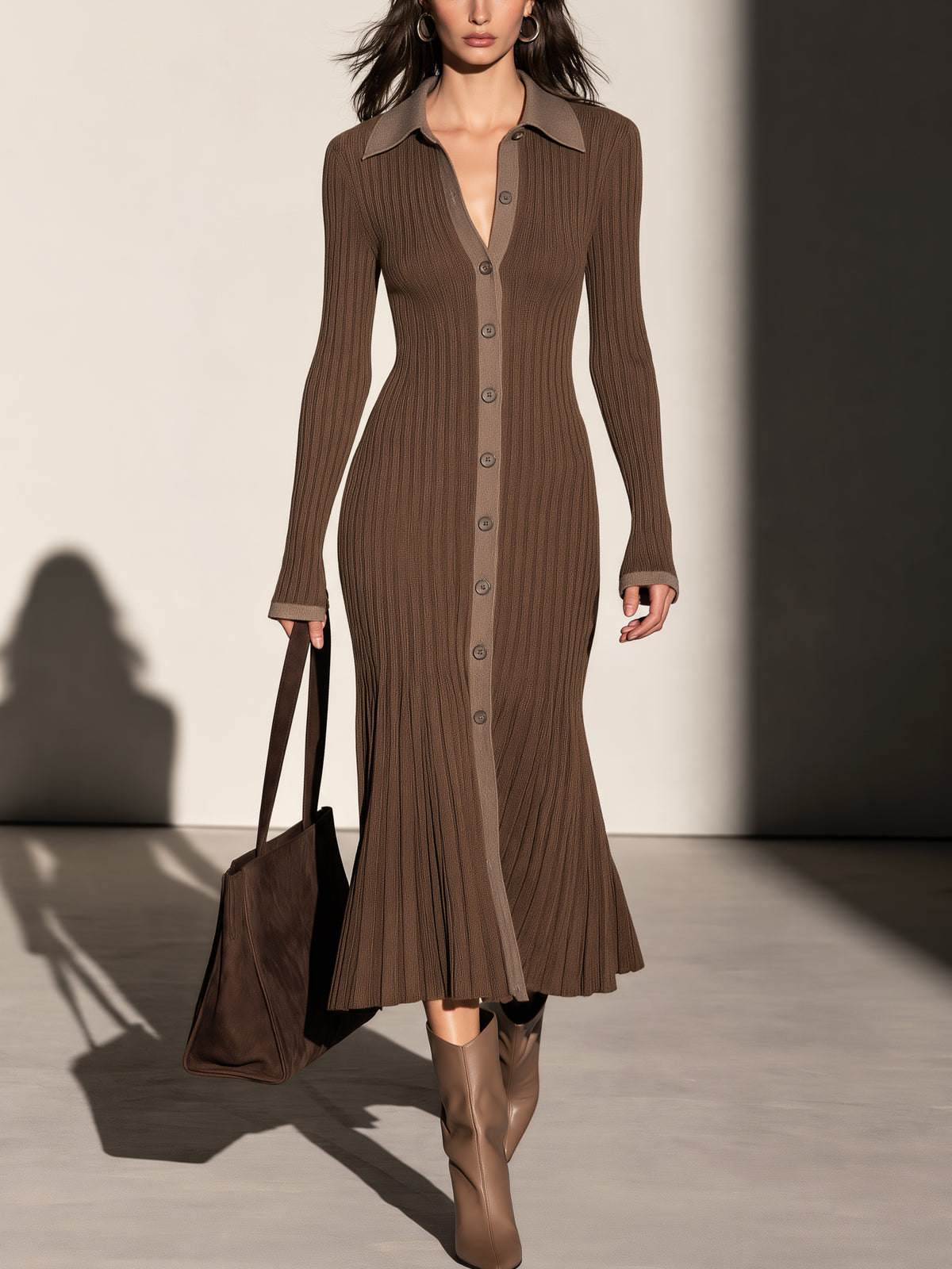 Contrast Collar & Placket Button Mermaid Hem Midi Dress