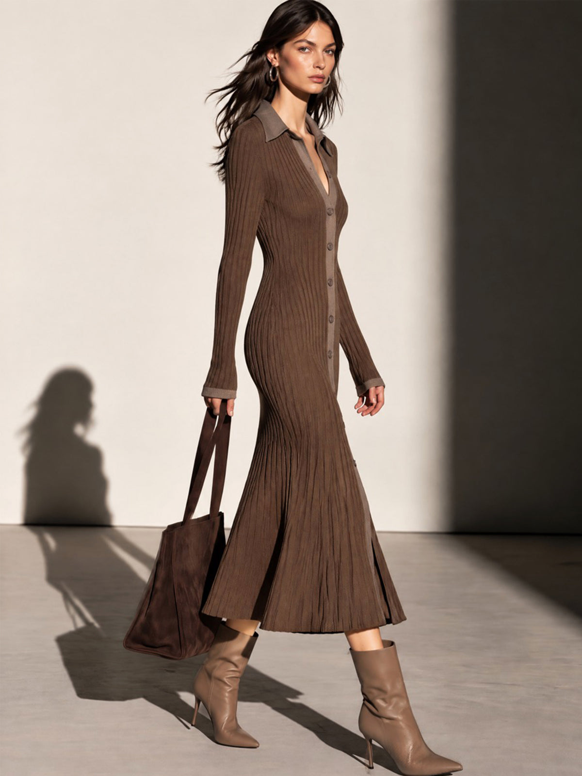 Contrast Collar & Placket Button Mermaid Hem Midi Dress