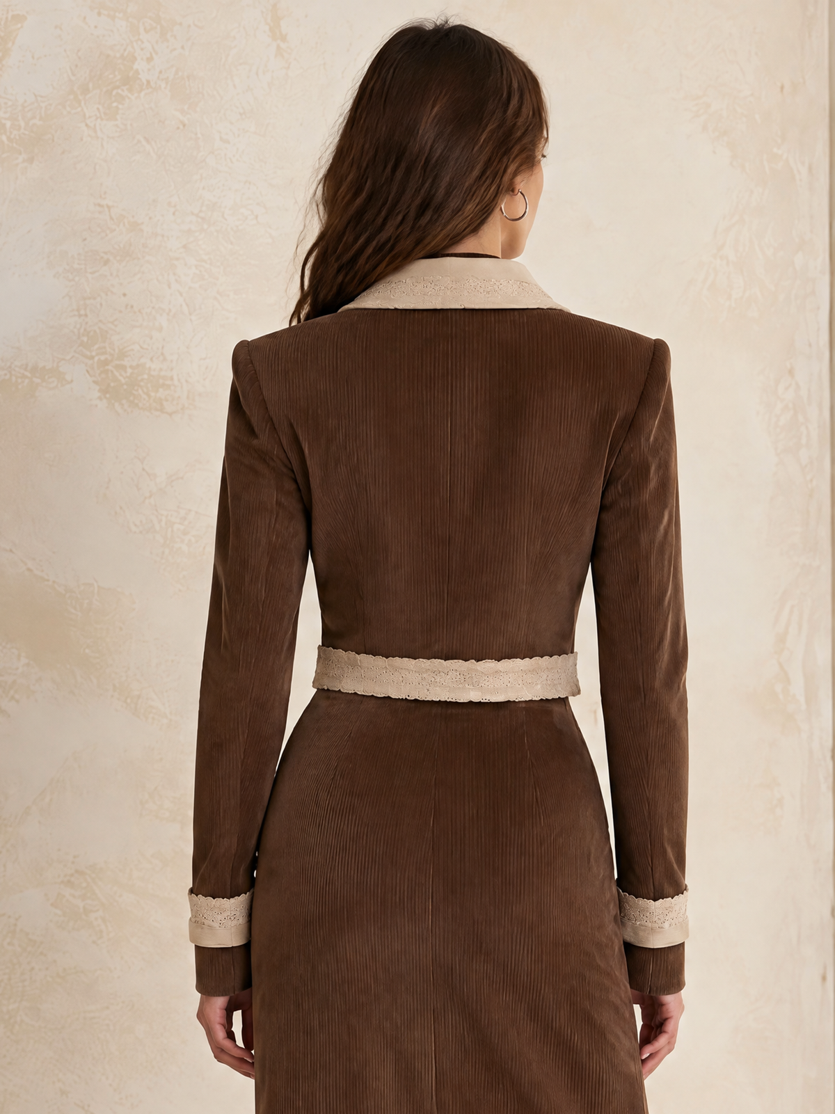 Brown Corduroy Lace-Trimmed Jacket