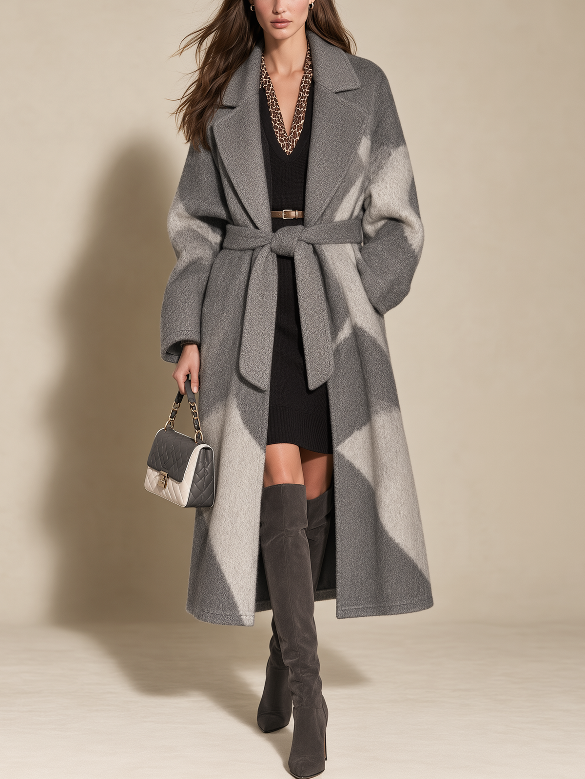 Grey Patchwork Lapel Waist Tie Wool Long Winter Coat