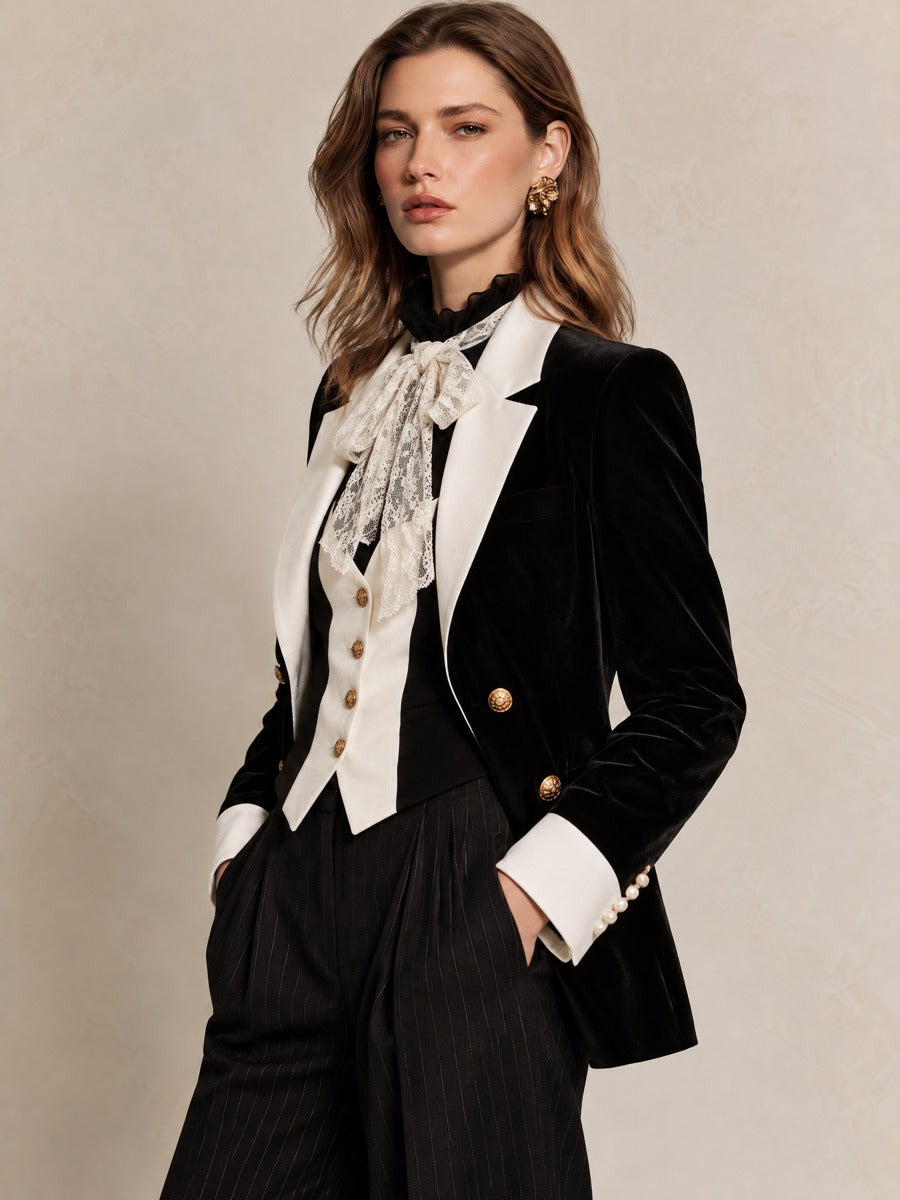 Black Velvet Satin Trim Gold Decorative Button Blazer